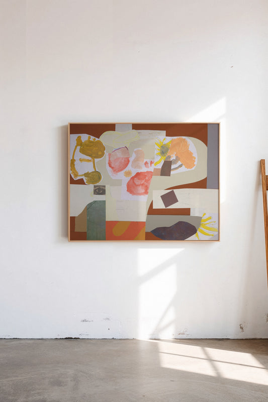 Brocas Area, a custom framed art print on 100% cotton canvas. Large modern abstract collage and painting in a gallery setting.