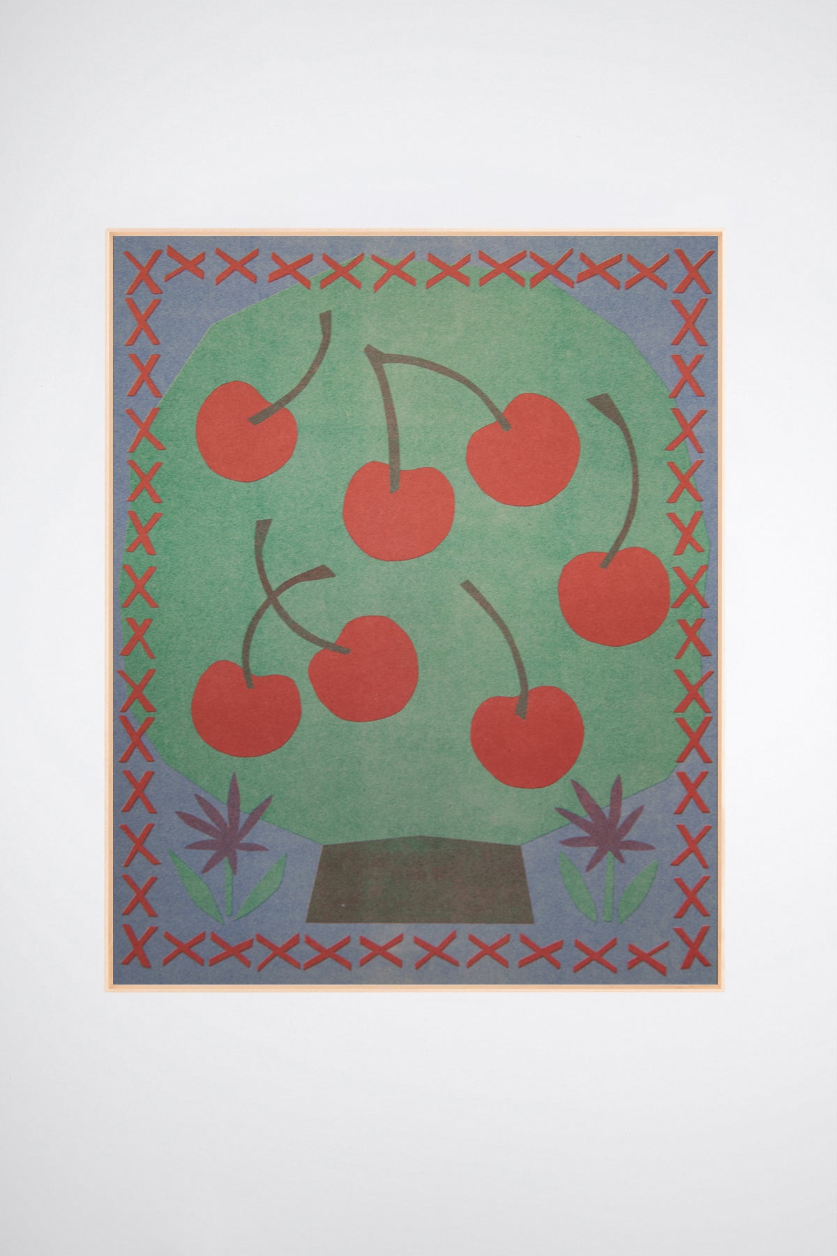 Cherry Tree by Sunroom Studios x Upton, a custom framed art print on 100% cotton canvas. Large cut paper collage of a stylized cherry tree in cheerful reds, greens, and blues, shown on a white background.