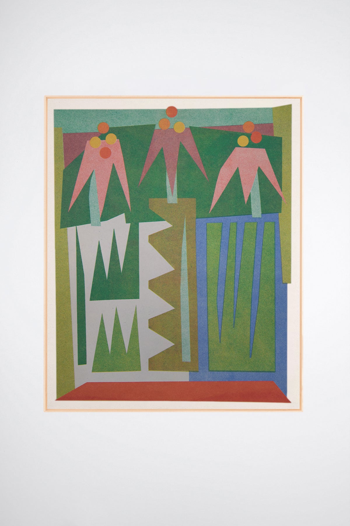 Echinacea by Sunroom Studios x Upton, a custom framed art print on 100% cotton canvas. Large cut paper collage featuring abstract echinacea flowers in bold geometric shapes and bright colors. Originally created as a risograph print. Shown on a white background.