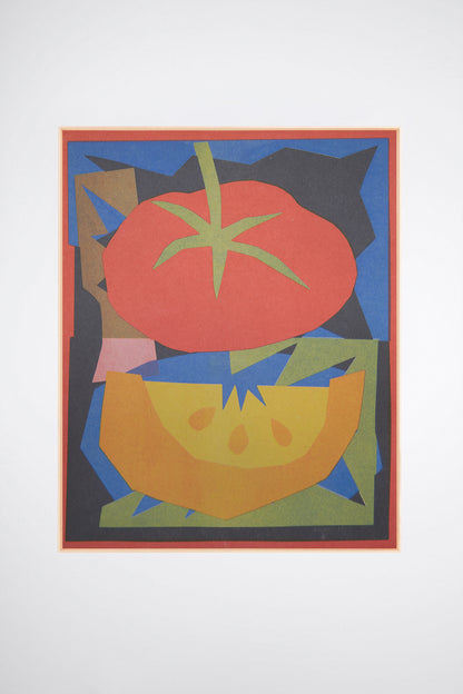 Harvest by Sunroom Studios x Upton, a custom framed art print on 100% cotton canvas. Large cut paper collage of abstract stylized fruit harvest in bright colors and bold geometric shapes, shown on a white background.