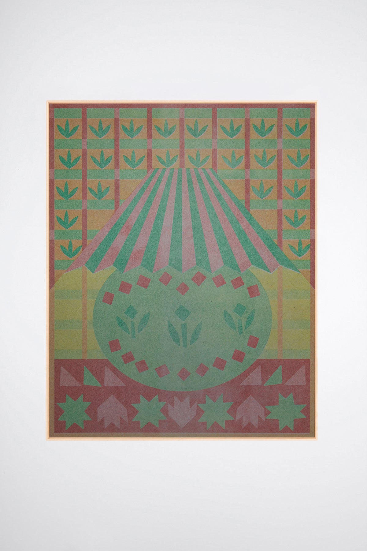 Lamplight by Sunroom Studios x Upton, a custom framed art print on 100% cotton canvas. Large cut paper collage featuring a stylized lamp in muted greens, pinks, reds, starbursts, and floral patterns. Originally created as a risograph print. Shown on a white background.