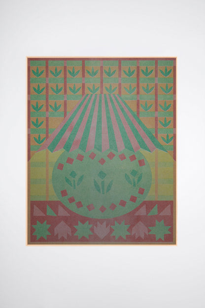 Lamplight by Sunroom Studios x Upton, a custom framed art print on 100% cotton canvas. Large cut paper collage featuring a stylized lamp in muted greens, pinks, reds, starbursts, and floral patterns. Originally created as a risograph print. Shown on a white background.