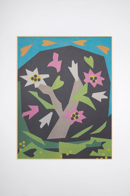 Magnolia in Bloom by Sunroom Studios x Upton, a custom framed art print on 100% cotton canvas. Large cut paper collage featuring a flowering magnolia tree in bold geometric shapes and bright colors. Originally created as a risograph print. Shown on a white background.