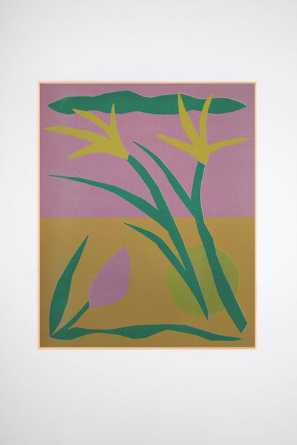 Spring Clippings by Sunroom Studios x Upton, a custom framed art print on 100% cotton canvas. Large cut paper collage featuring abstract stylized flowers in bold greens, yellows, and pinks. Originally created as a risograph print. Shown on a white background.